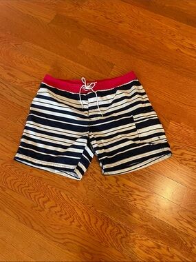 J. Crew Navy and White Striped Swim Trunks with Red Waistband